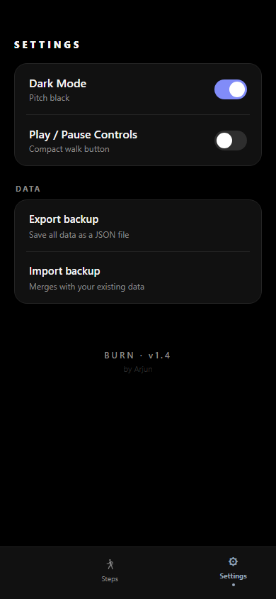 Burn settings with pitch black theme and backup