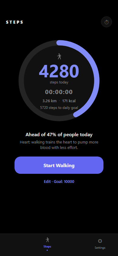 Burn Android step tracker home screen with daily steps and walk timer
